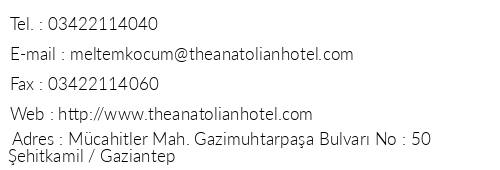 The Anatolian Otel telefon numaralar, faks, e-mail, posta adresi ve iletiim bilgileri